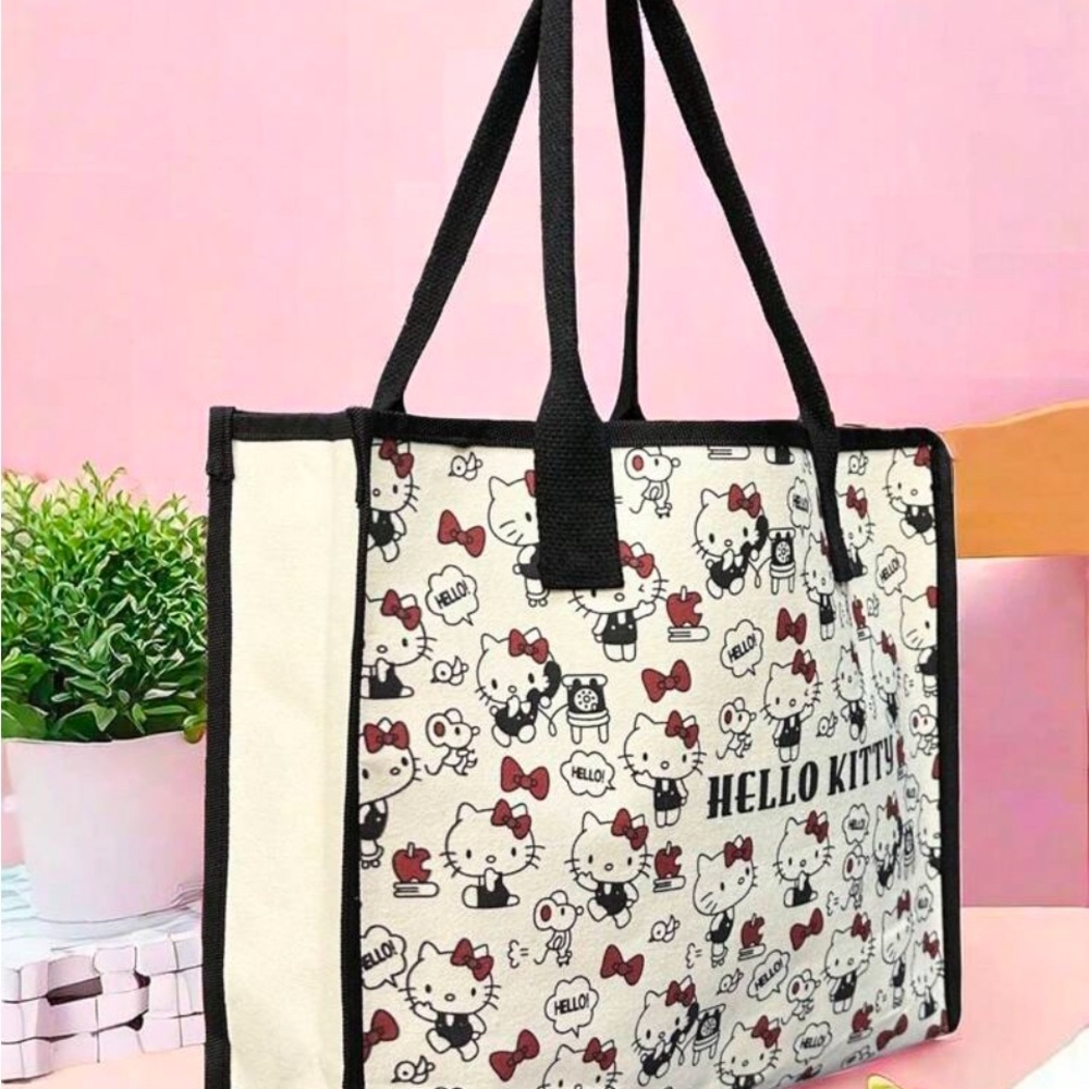 Hello Kitty Black and White Tote Bag with Cartoon Design